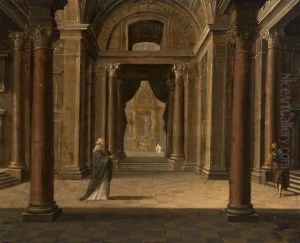 A Church Interior With Figures by Hendrik Van Steenwijk