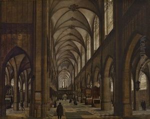 Gothic Catholic Cathedral With Figures. Possibly The Cathedral In Antwerp