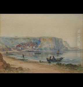 Runswick,
Beach Scene With Figures In A Boat And Walking,
Houses In A Cove In The Distance by John Francis Branegan
