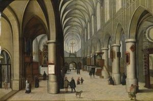 A Church Interior With Figures Strolling