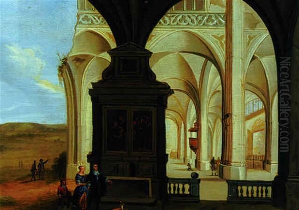 An Elegant Couple In The Interior Of A Partially Ruined Church - view 1