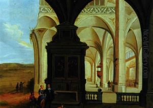 An Elegant Couple In The Interior Of A Partially Ruined Church by Hendrick van Steenwyck the Elder