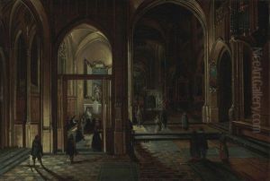 Interior Of A Cathedral At Night With A Priest Celebrating Mass