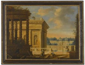 A Capriccio View Of A Classical Palace, The Grounds Being Finished By Men Setting Paving