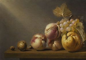 A Still Life Of A Quince, Grapes, Peaches, A Walnut, And Hazelnuts On A Wooden Ledge by Harmen Steenwyck
