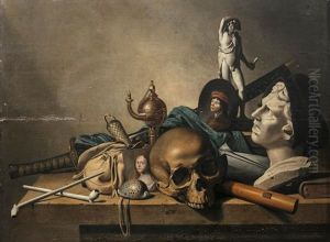 Still Life Of A Sculptural Bust, A Skull, An Oil Lamp And Other Items On A Stone Ledge by Harmen Steenwyck