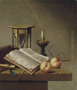 An Hourglass, Flute, Open Book, Candle And Peaches On A Wooden Ledge