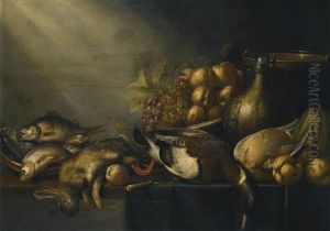 Still Life With A Dead Hare And Duck, Fish, Vegetables And An Earthenware Flagon, On A Draped Table