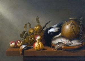 Still Life Of Fruit, Fresh-water Fish On An Earthenware Platter, Birds And A Stoneware Pot All Arranged On A Ledge by Harmen Steenwyck
