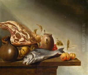 Stillleben Mit Fisch, Schinken, Obst Und Steingutgefasen