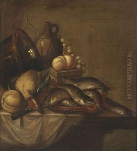 Various Fruits, Copperware, A Pitcher, A Duck And Fish On A Stoneware Platter, All On A Partially Draped Table