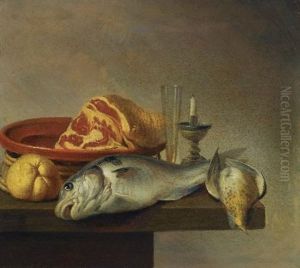 Still Life With A Ham, A Fish, A Candle And Other Objects Arranged On The Edge Of A Tabletop (+ Still Life With A Ewer And Some Fruit On A Partly-draped Stone Ledge; Pair)