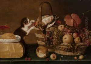 Nature Morte A La Corbeille De Fruits, Aux Oiseaux Et Au Chat thumbnail