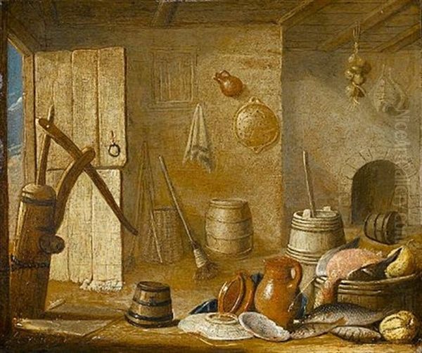 A Kitchen Interior With Dead Fish, An Earthenware Jug And Dishes Before A Fireplace - view 1