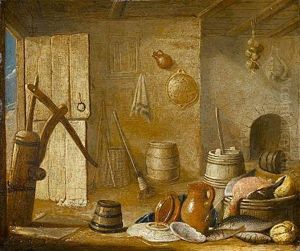 A Kitchen Interior With Dead Fish, An Earthenware Jug And Dishes Before A Fireplace