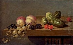 Peaches, Gherkins, Blackberries, Cherries, Gooseberries And Blackcurrants On A Stone Ledge