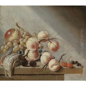 Still Life Of Peaches, An Apple, Grapes, Blackberries, Cherries And Blackcurrants, Together With A Bird, All On A Stone Ledge by Harmen Steenwyck