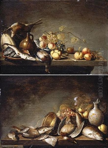 Still Lifes With Fruit, Fish And Dead Game Arranged On Table-tops (pair) - view 1