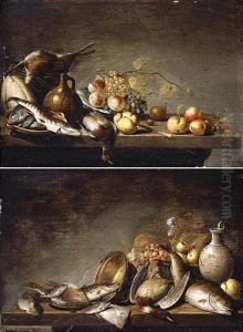 Still Lifes With Fruit, Fish And Dead Game Arranged On Table-tops (pair) by Harmen Steenwyck