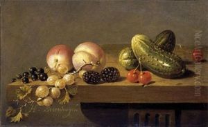 Still Life With Gherkins, Cherries, Peaches, Logan Berries And Gooseberries Together With Blackcurrants On A Wooden Table