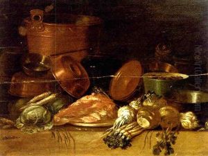 Copper Pots And Pans, Onions, Asparagus, Cabbage And A Pig's Head On A Table (+ Copper Pots And Pans, Parsnips, Turnips, Cabbage And Meat On A Table; Pair)