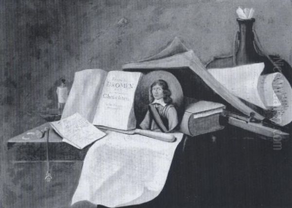 Still Life Of A Portrait Miniature Amongst Books And Objects On A Table - view 1