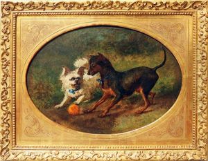 Zwei Mit Ball Spielende Hunde by Carl Steffeck