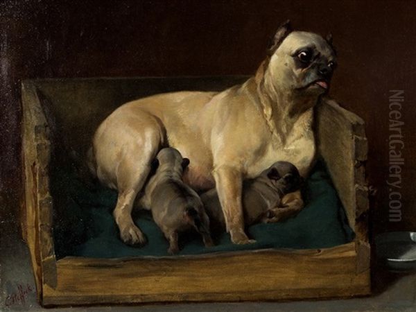 Pug Lady With Puppies - view 1