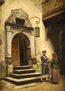 Vor Dem Historischen Portal Eines Offentlichen Gebaudes Liest Ein Beamter Einer Frau Offenbar Ein Schriftstuck Vor