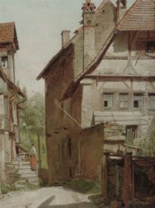 Byprospekt Fra Uberlingen Med Pige Med Rod Nederdel Pa En Trappe by Eduard Steffen