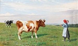 A Farm Girl Tending Cows In A Field