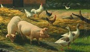 Farm House Exterior With Pigs, Geese And Hens by Poul Steffensen