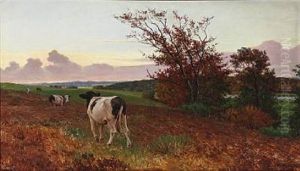 Cows In The Field At Sunset by Poul Steffensen