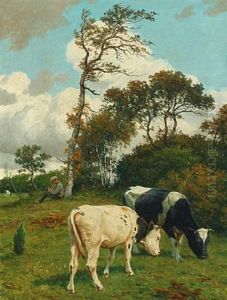 Grazing Cows With The Farmer In The Background by Poul Steffensen