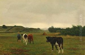 A Boy Pulling Cows On Field by Poul Steffensen