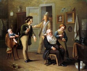 Beim Barbier by August Wilhelm Ludolf Stegmann