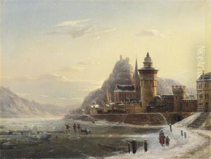 Wintertag Am Rhein Vor Oberwesel. Auf Dem Zugefrorenen Flus Manner Beim Eisstechen