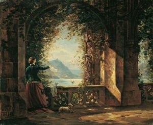 Abschied. Rheinlandschaft Mit Winkender Frau Auf Einem Soller.