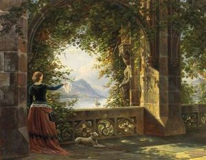 Der Abschied. Junges Burgfraulein Auf Gotischem Balkon, Mit Einem Tuche Winkend. Im Hintergrund Die Kulisse Des Siebengebirges Mit Dem Dachenfels (?) Der Abschied. Junges Burgfraulein Auf Gotischem Balkon, Mit Einem Tuche Winkend. Im Hintergrund Die Kulisse Des Siebengebirges Mit Dem Dachenfels (?)