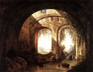 Figures Bathing Under Ruins With A Bay Beyond by Franz Stegmann