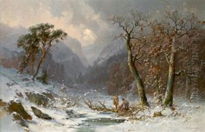 Winterlandschaft Mit Holzsammler