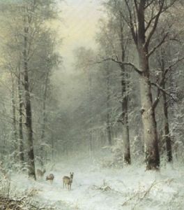 Winterliche Waldlandschaft Mit Rehen Auf Kleinem Weg by Anton Victor Steinach