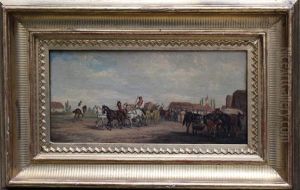 Pair Of Paintings With Hungarian Horse Riders And Coaches