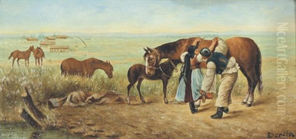 Pusztalandschaft Mit Bauernpaar Bei Ihren Pferden - view 1