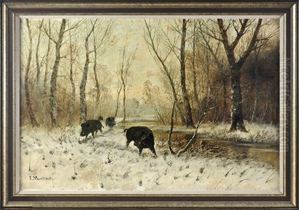 Wildschweinrotte In Verschneiter Landschaft - view 1