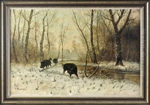 Wildschweinrotte In Verschneiter Landschaft