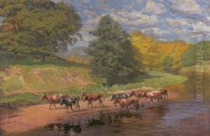 Fluslauf Mit Kuhen An Der Tranke by Eduard Steinbach