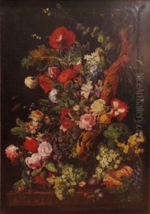 Bouquet De Fleurs, Raisins Et Melon Sur Un Entablement