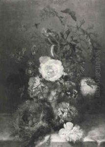 Bouquets De Fleurs Sur Un Entablement Avec Nid D'oiseau by Emmanuel Steiner