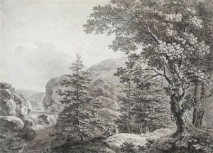 Bewaldete, Felsige Flusslandschaft Mit Zwei Ruhenden Wanderern by Johann (Hans Konrad) Steiner